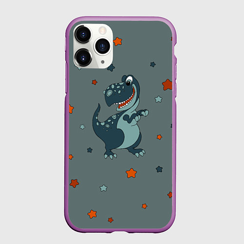 Чехол iPhone 11 Pro матовый Смешной динозавр и звезды / 3D-Фиолетовый – фото 1