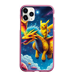 Чехол iPhone 11 Pro матовый Pikachu on a fabulous dragon - neon glow, цвет: 3D-малиновый