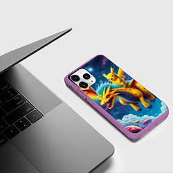 Чехол iPhone 11 Pro матовый Pikachu on a fabulous dragon - neon glow, цвет: 3D-фиолетовый — фото 2