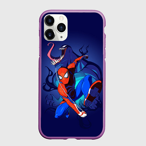 Чехол iPhone 11 Pro матовый Человек-паук и Веном / 3D-Фиолетовый – фото 1