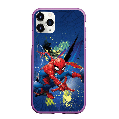 Чехол iPhone 11 Pro матовый Spider-man with a spider web / 3D-Фиолетовый – фото 1