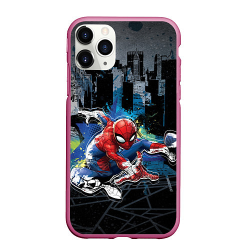 Чехол iPhone 11 Pro матовый Spider-man over the city / 3D-Малиновый – фото 1