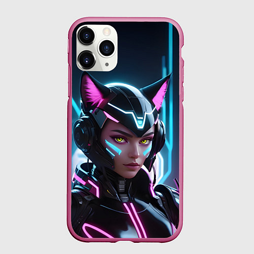 Чехол iPhone 11 Pro матовый Неон кибер девушка / 3D-Малиновый – фото 1