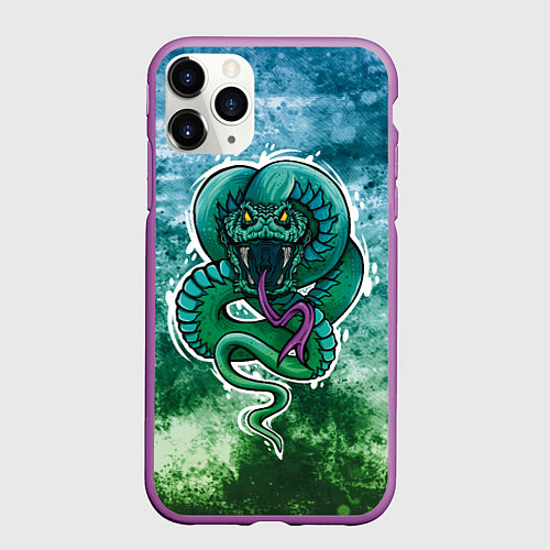 Чехол iPhone 11 Pro матовый Агрессивная зеленая змея на абстрактном фоне / 3D-Фиолетовый – фото 1