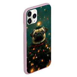 Чехол iPhone 11 Pro матовый Мопс - новогодняя елка, цвет: 3D-розовый — фото 2