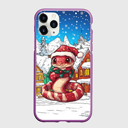 Чехол iPhone 11 Pro матовый Красная полосатая змейка в новогоднем городке, цвет: 3D-фиолетовый