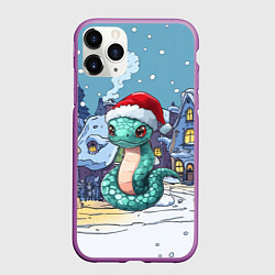 Чехол iPhone 11 Pro матовый Зеленая змейка в новогоднем городке, цвет: 3D-фиолетовый