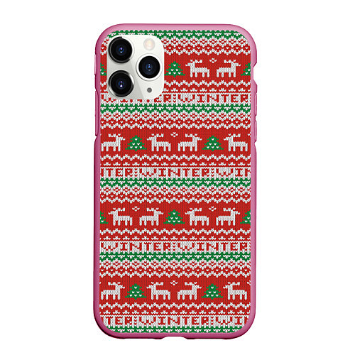 Чехол iPhone 11 Pro матовый Deer christmas pattern / 3D-Малиновый – фото 1