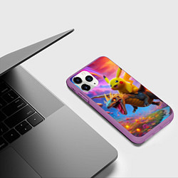 Чехол iPhone 11 Pro матовый Пикачу летит на драконе среди грибов, цвет: 3D-фиолетовый — фото 2