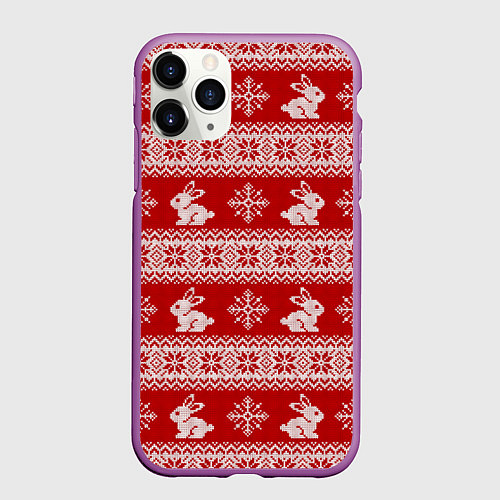 Чехол iPhone 11 Pro матовый Вязаный зимний узор с зайчатами / 3D-Фиолетовый – фото 1