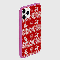 Чехол iPhone 11 Pro матовый Вязаный зимний узор с зайчатами, цвет: 3D-фиолетовый — фото 2