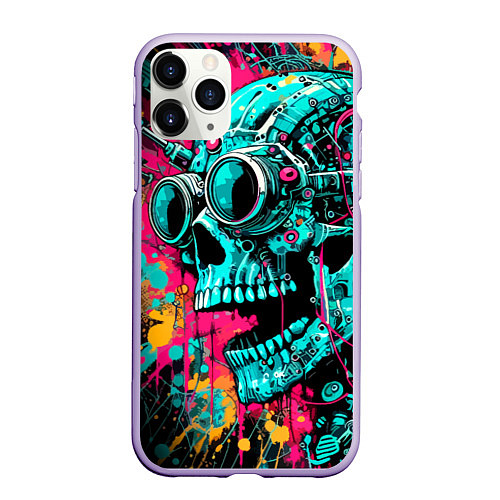 Чехол iPhone 11 Pro матовый Cyber skull sketch - color blots / 3D-Светло-сиреневый – фото 1