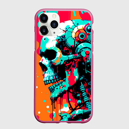 Чехол iPhone 11 Pro матовый Cyber skull sketch - ai art fantasy / 3D-Малиновый – фото 1