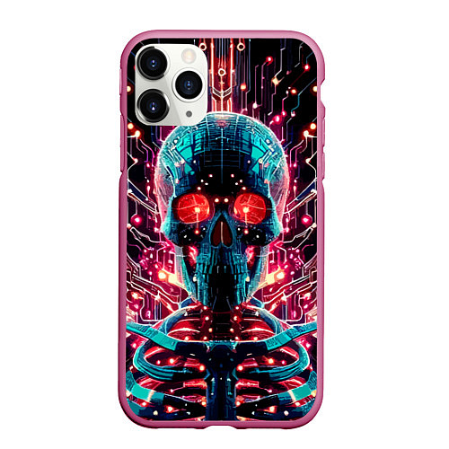 Чехол iPhone 11 Pro матовый Neon cyber skull - ai art fantasy / 3D-Малиновый – фото 1