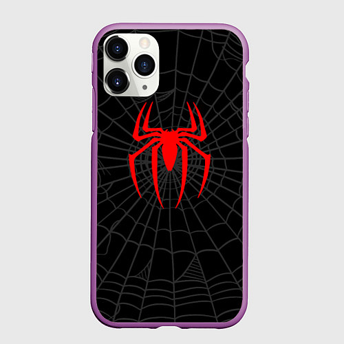 Чехол iPhone 11 Pro матовый Логотип паука на фоне паутины косплей костюм Морал / 3D-Фиолетовый – фото 1