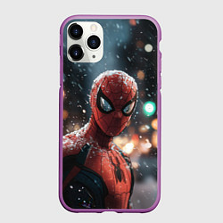Чехол iPhone 11 Pro матовый Spider man на фоне снегопада, цвет: 3D-фиолетовый