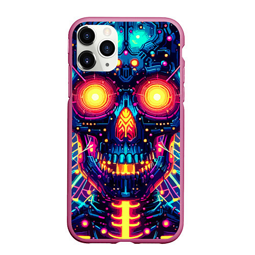 Чехол iPhone 11 Pro матовый Neon skull - ai art fantasy / 3D-Малиновый – фото 1