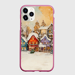 Чехол iPhone 11 Pro матовый Новогодний городской пейзаж, цвет: 3D-малиновый