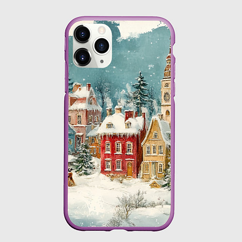 Чехол iPhone 11 Pro матовый Праздничный новогодний город / 3D-Фиолетовый – фото 1