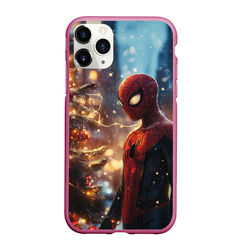 Чехол iPhone 11 Pro матовый Spider-man new year / 3D-Малиновый – фото 1