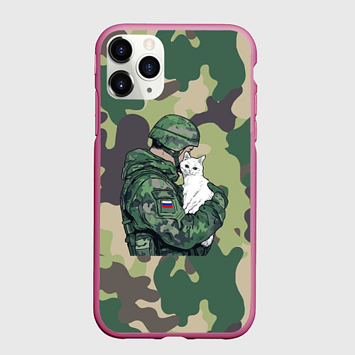 Чехол iPhone 11 Pro матовый Русский солдат с белой кошкой / 3D-Малиновый – фото 1