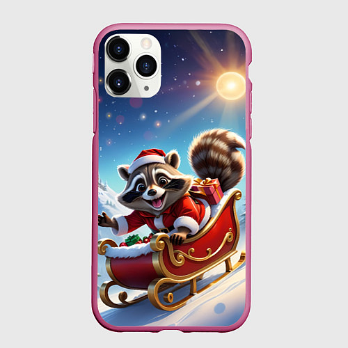 Чехол iPhone 11 Pro матовый Енот на санях / 3D-Малиновый – фото 1