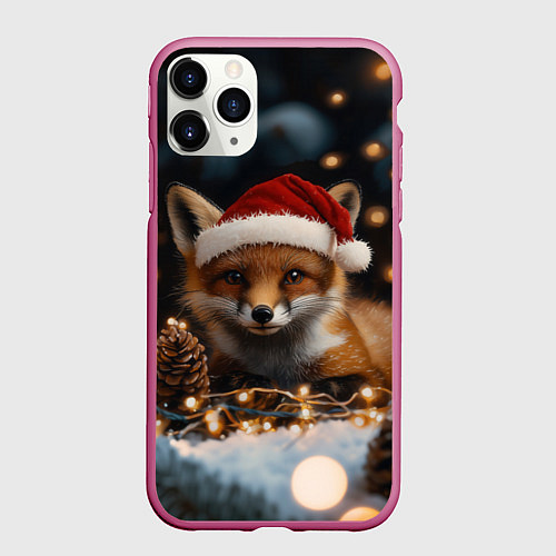Чехол iPhone 11 Pro матовый Лисица в новогодней шапочке / 3D-Малиновый – фото 1