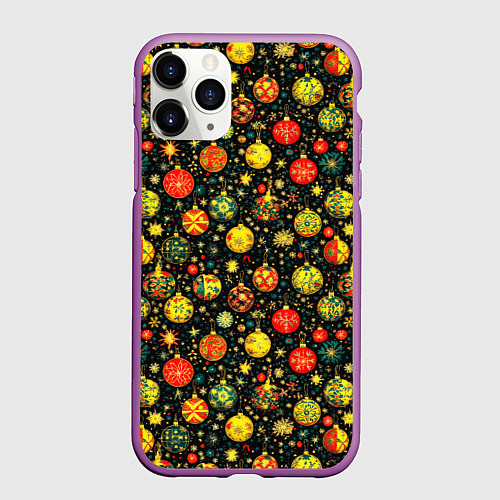 Чехол iPhone 11 Pro матовый Новогодние елочные шары / 3D-Фиолетовый – фото 1