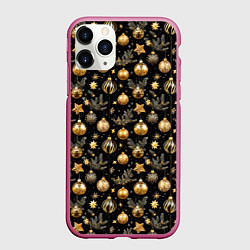 Чехол iPhone 11 Pro матовый Золотые новогодние шары, цвет: 3D-малиновый