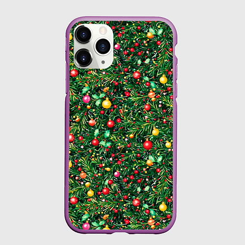 Чехол iPhone 11 Pro матовый Разноцветные шары на ёлке / 3D-Фиолетовый – фото 1