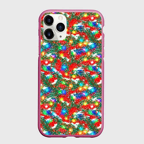 Чехол iPhone 11 Pro матовый Яркие гирлянды на еловых ветках / 3D-Малиновый – фото 1
