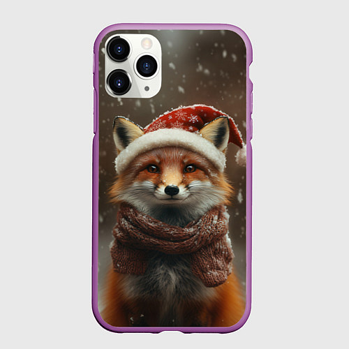 Чехол iPhone 11 Pro матовый Лисица в новогодней шапочке / 3D-Фиолетовый – фото 1