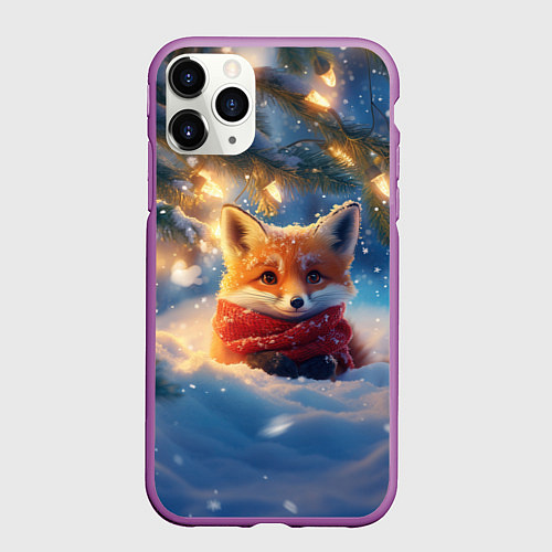 Чехол iPhone 11 Pro матовый Лисица под новогодней елкой / 3D-Фиолетовый – фото 1