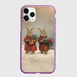 Чехол iPhone 11 Pro матовый Зайцы с новогодними подарками, цвет: 3D-фиолетовый