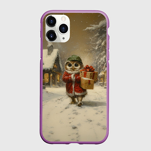 Чехол iPhone 11 Pro матовый Сова с подарками идет праздновать новый год / 3D-Фиолетовый – фото 1