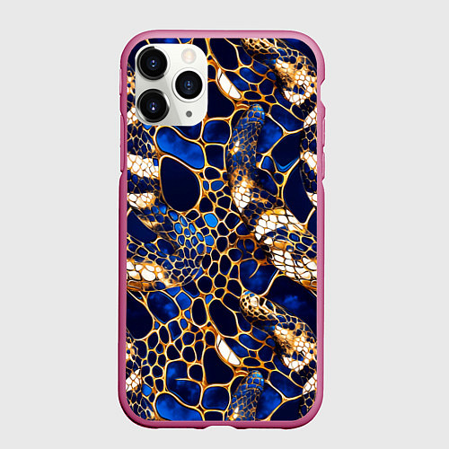 Чехол iPhone 11 Pro матовый Золотистая змеиная абстракция / 3D-Малиновый – фото 1