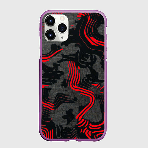 Чехол iPhone 11 Pro матовый Камуфляж черный в красную полоску / 3D-Фиолетовый – фото 1