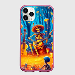 Чехол iPhone 11 Pro матовый Музыкальная группа скелетов на лесной поляне, цвет: 3D-малиновый