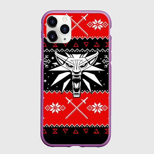 Чехол iPhone 11 Pro матовый Ведьмак новогодний ugly свитер / 3D-Фиолетовый – фото 1