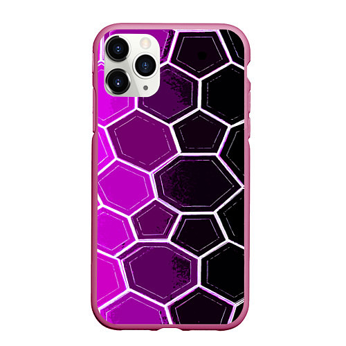 Чехол iPhone 11 Pro матовый Белые шестиугольники на чёрно-фиолетовом фоне / 3D-Малиновый – фото 1