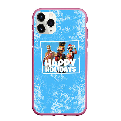 Чехол iPhone 11 Pro матовый Happy Holidays - Fortnite Ginger Gunner и Щелкунчи / 3D-Малиновый – фото 1