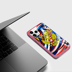 Чехол iPhone 11 Pro матовый Герб России на фоне цветов флага, цвет: 3D-малиновый — фото 2