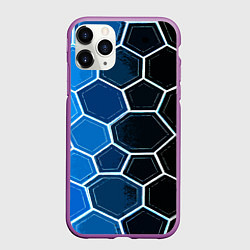 Чехол iPhone 11 Pro матовый Белые шестиугольники на чёрно-синем фоне