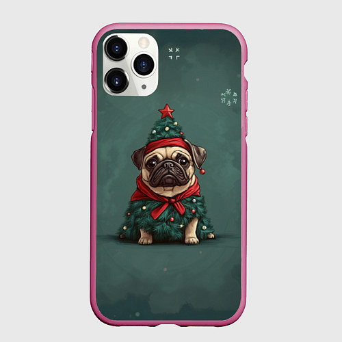 Чехол iPhone 11 Pro матовый Мопс - новогодняя елочка / 3D-Малиновый – фото 1