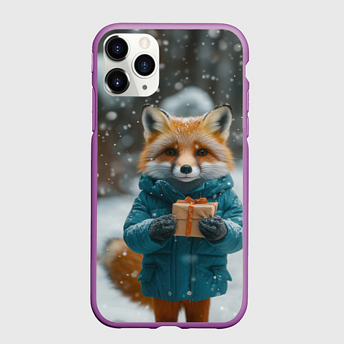 Чехол iPhone 11 Pro матовый Лисица держит подарок / 3D-Фиолетовый – фото 1