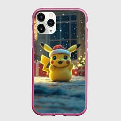 Чехол iPhone 11 Pro матовый Счастливый новогодний Пикачу, цвет: 3D-малиновый