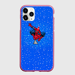 Чехол iPhone 11 Pro матовый Новогодний паучок, цвет: 3D-малиновый