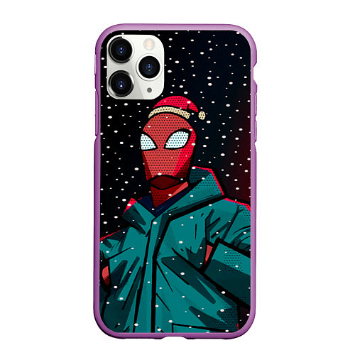 Чехол iPhone 11 Pro матовый Новогодний человек паук / 3D-Фиолетовый – фото 1