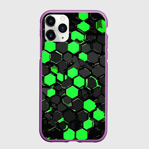 Чехол iPhone 11 Pro матовый Зелёно-серые шестиугольники на чёрном фоне / 3D-Фиолетовый – фото 1