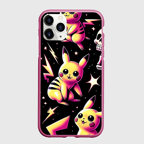 Чехол iPhone 11 Pro матовый Pikachu and skeletons - pattern / 3D-Малиновый – фото 1